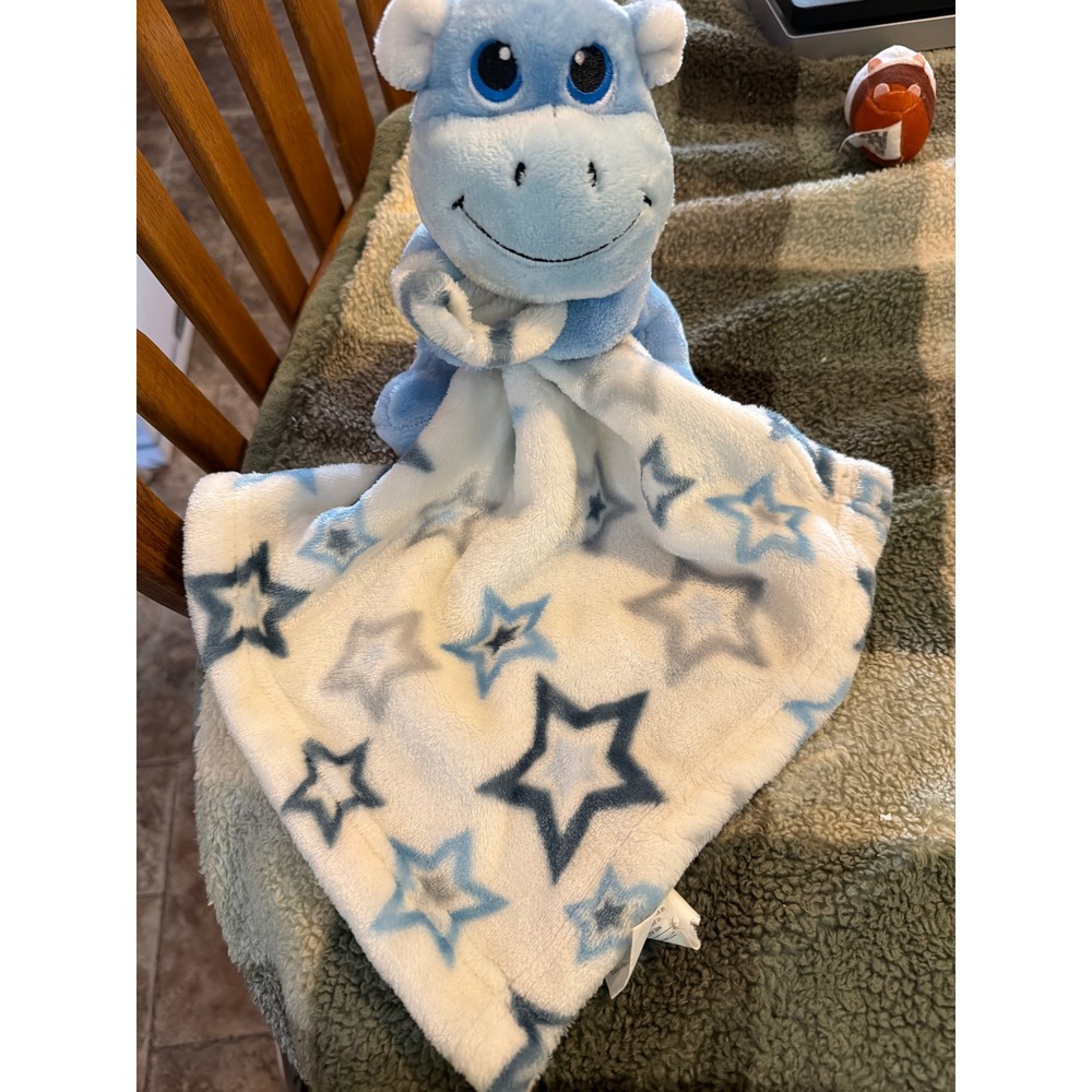 Little Beginnings Blue Hippo Security Blanket Star Print Plush Lovey RN 65815